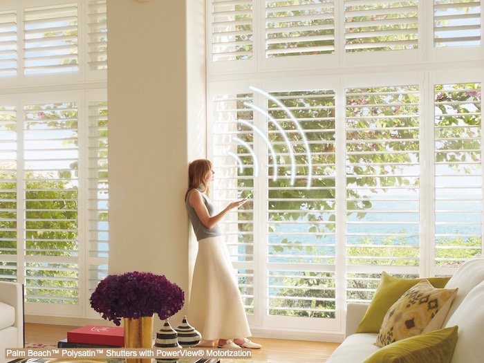 Palm Beach Shutters in a living room. Available at Dominic's Decorating in Norwalk