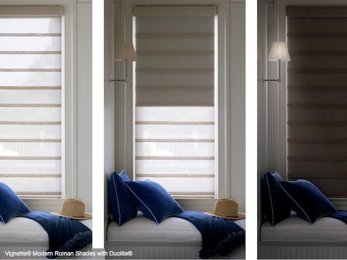 Vignette Modern Roman Shades with Duolite in a bedroom. Available at Dominic's Decorating in Norwalk