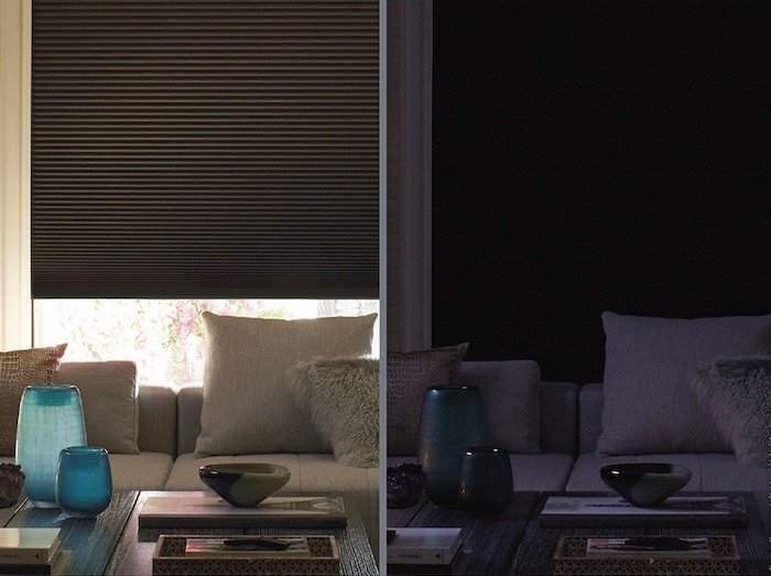 Duette Shades with LockLight, shown both open and closed. Available at Dominic's Decorating in Norwalk